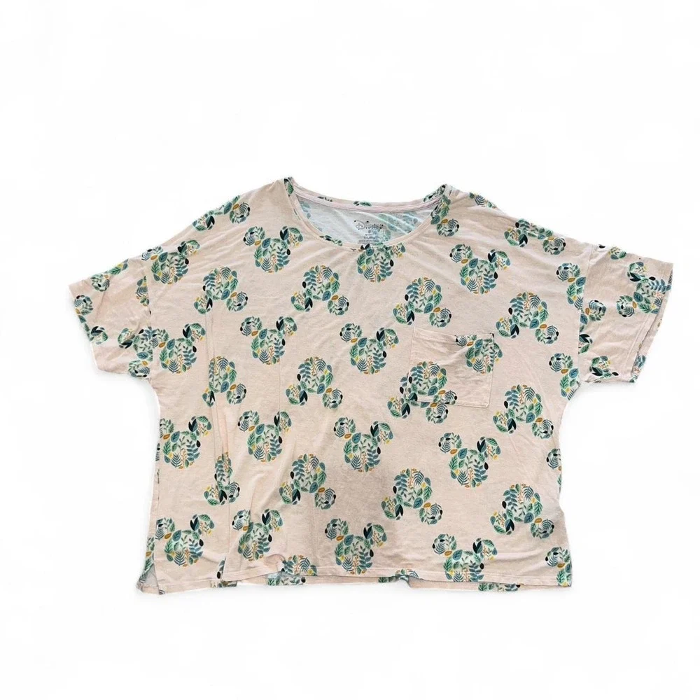 Disney Mickey Mouse XXL Pajama Set Pink Leaf Print 2-Piece